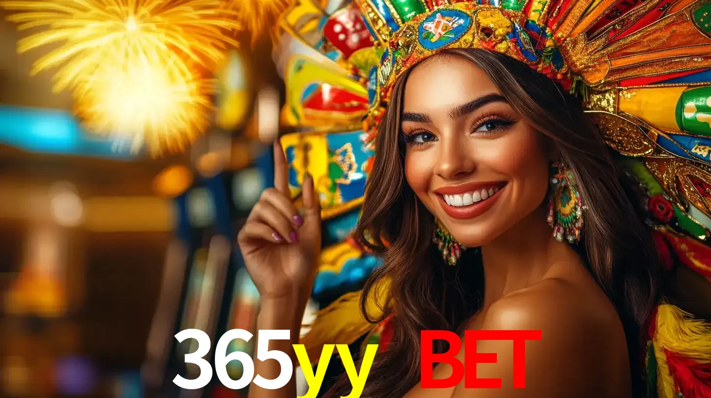 Mulher sorridente com um cocar de carnaval vibrante e colorido, celebrando uma grande vitória nos jogos do cassino 365yy bet com fogos de artifício ao fundo.