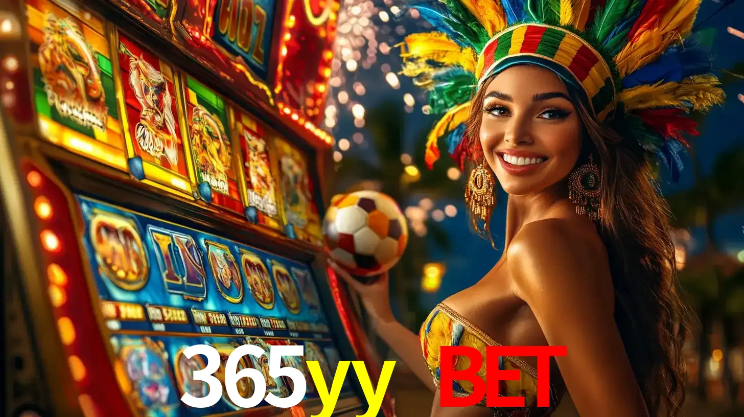 Mulher com um cocar de carnaval ao lado de uma máquina de caça-níqueis enquanto segura uma bola de futebol, mostrando a união da diversão de cassino e esportes no 365yy bet.