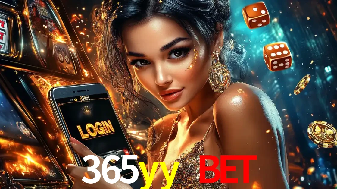 Mulher glamourosa segurando um celular com a tela de login do cassino 365yy bet, rodeada por dados e moedas douradas, pronta para começar a diversão.