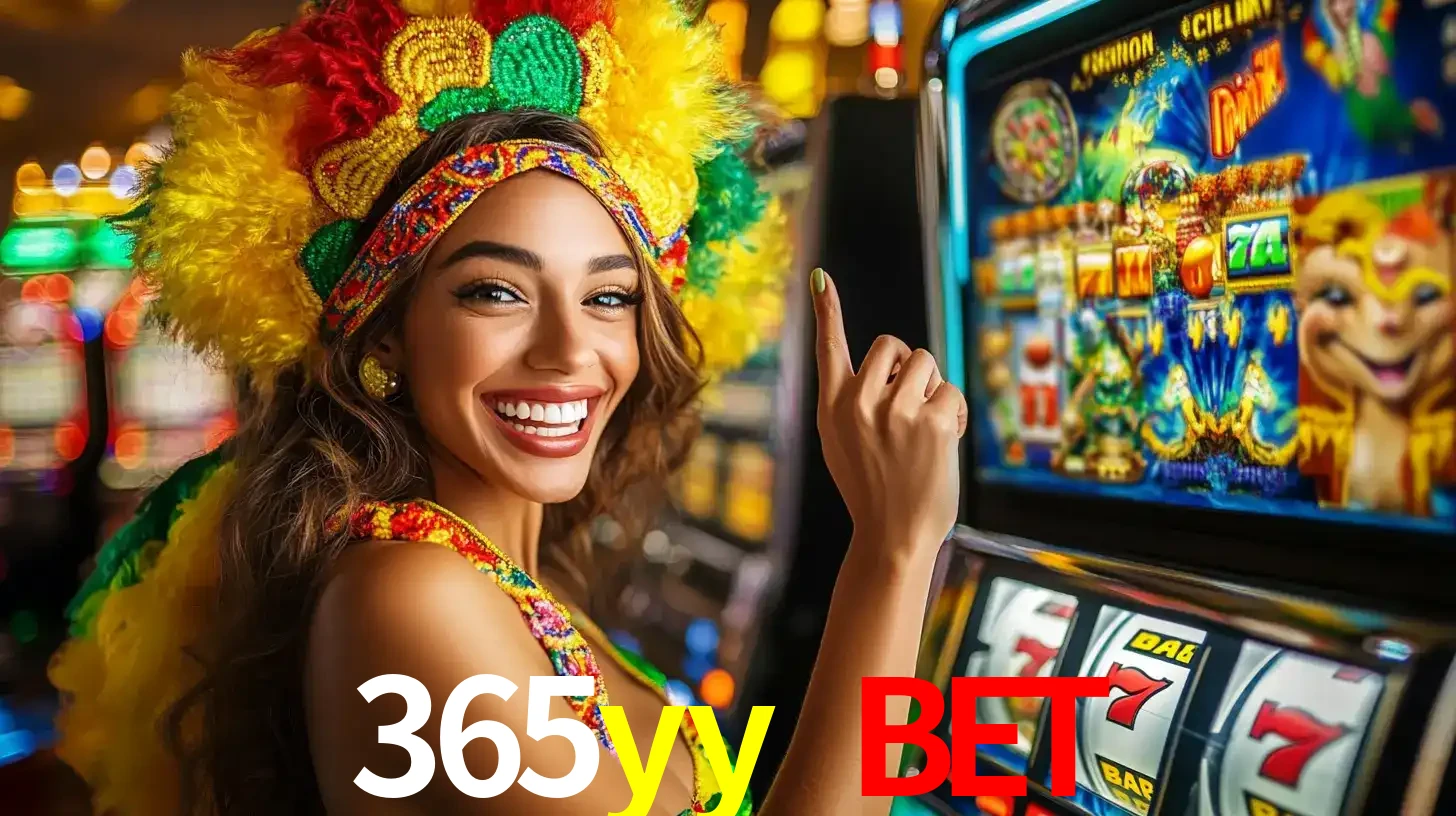 Mulher animada com um cocar de carnaval apontando para uma máquina de caça-níqueis, mostrando a emoção de ganhar um grande prêmio nos jogos do 365yy bet.