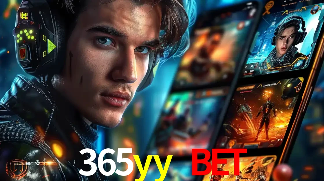 Jovem jogador com fones de ouvido olhando para a câmera, com um aplicativo de jogos e e-sports para celular ao fundo, pronto para a competição e apostas no 365yy bet.