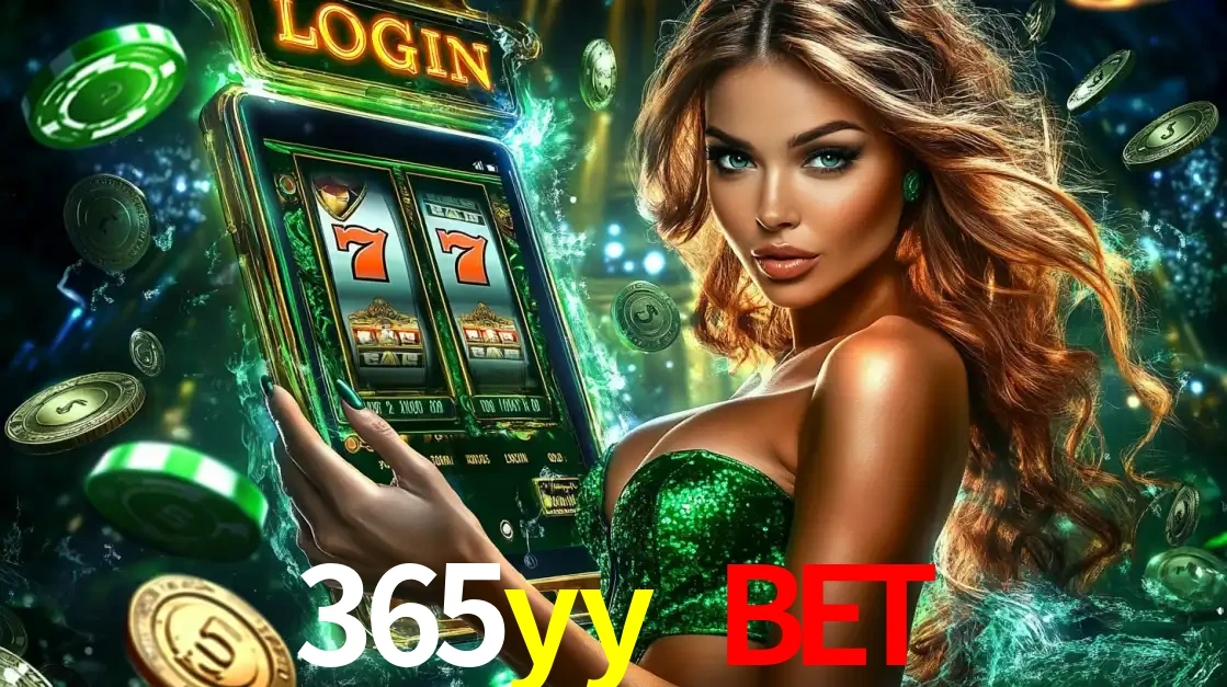 Mulher com tema verde apresentando o aplicativo do cassino 365yy bet com um jogo de slot de 777, cercada por fichas de cassino e uma aura de sorte.