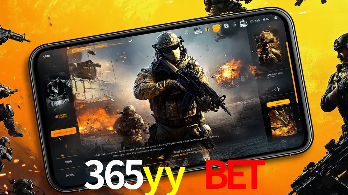 Um smartphone exibindo a interface de um jogo de tiro em primeira pessoa, com um soldado em um cenário de batalha, representando a ação dos e-sports para apostar no 365yy bet.