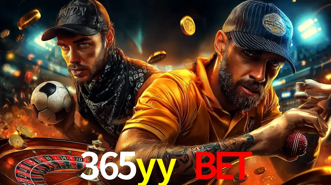 Montagem de apostas esportivas e cassino no 365yy bet, com um homem segurando uma bola de futebol e outro uma de beisebol sobre uma roleta e moedas voadoras.