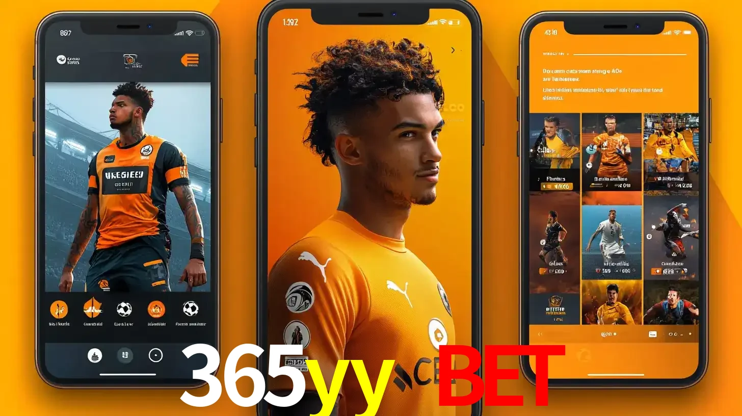 Interface do aplicativo de apostas esportivas 365yy bet em três telas de celular, mostrando o perfil de um jogador de futebol e a lista de jogos disponíveis para apostar.