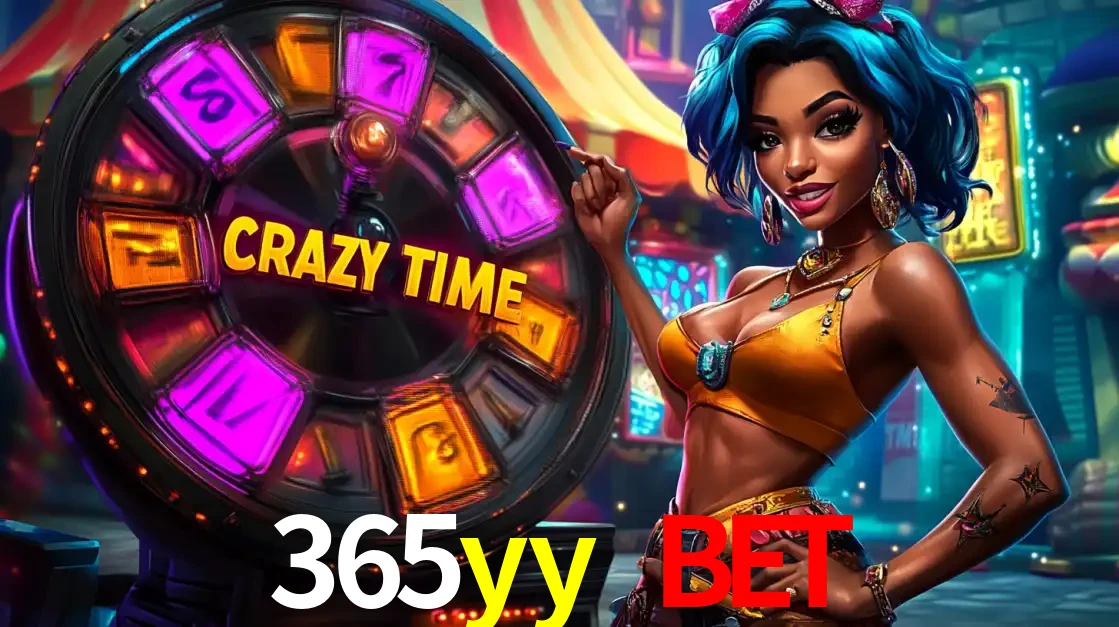 Mulher estilizada com cabelo azul e visual vibrante posando ao lado da roda de prêmios do game show Crazy Time, convidando para a diversão e os bônus do cassino 365yy bet.