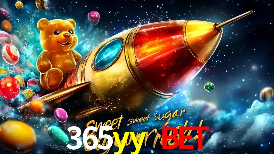 Arte promocional do jogo de slot Sugar Rush, com um urso de pelúcia em um foguete viajando pelo espaço de doces, um dos jogos divertidos disponíveis no cassino 365yy bet.