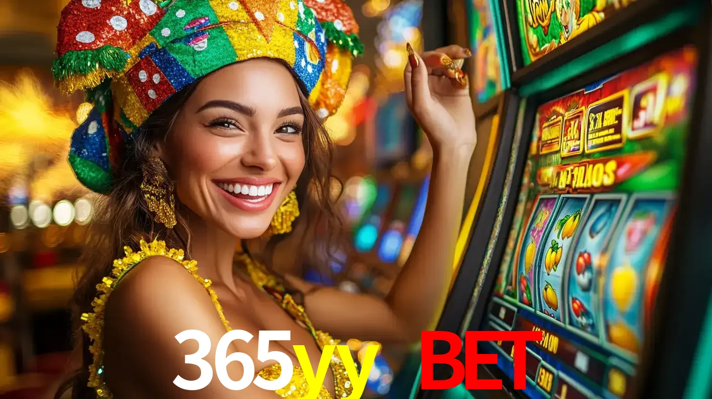 Mulher feliz com traje de carnaval amarelo e colorido ao lado de uma máquina de caça-níqueis, aproveitando a diversão e os jogos temáticos do cassino 365yy bet.