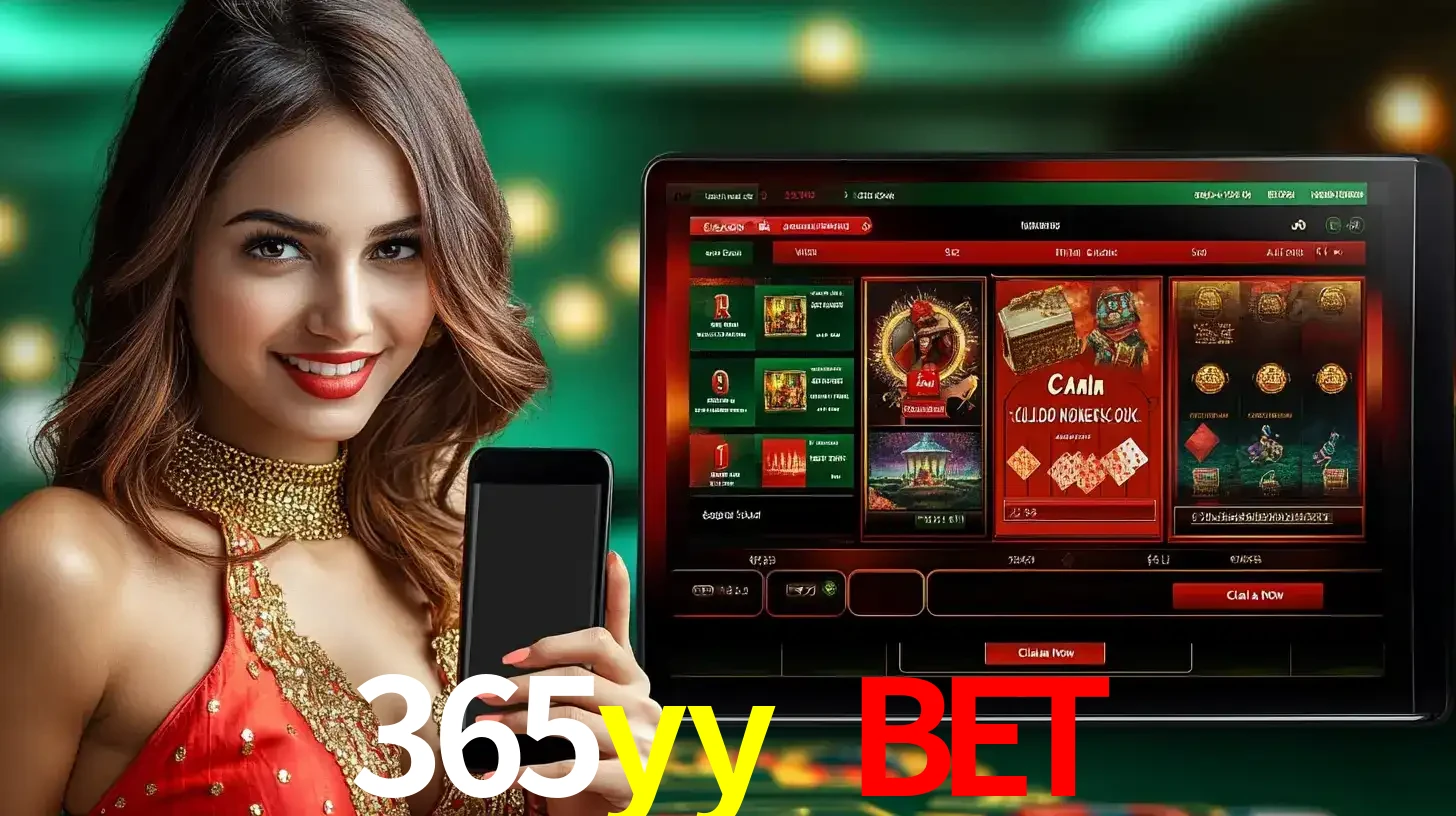 Mulher sorridente segurando um smartphone, ao lado de uma tela exibindo o lobby de jogos do cassino online 365yy bet, com várias opções de jogos de cartas e slots.